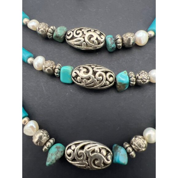 Vintage Artisan Southwest Necklace Blue Beads Pearls Silver Tone Filigree Boho - Picture 3 of 10